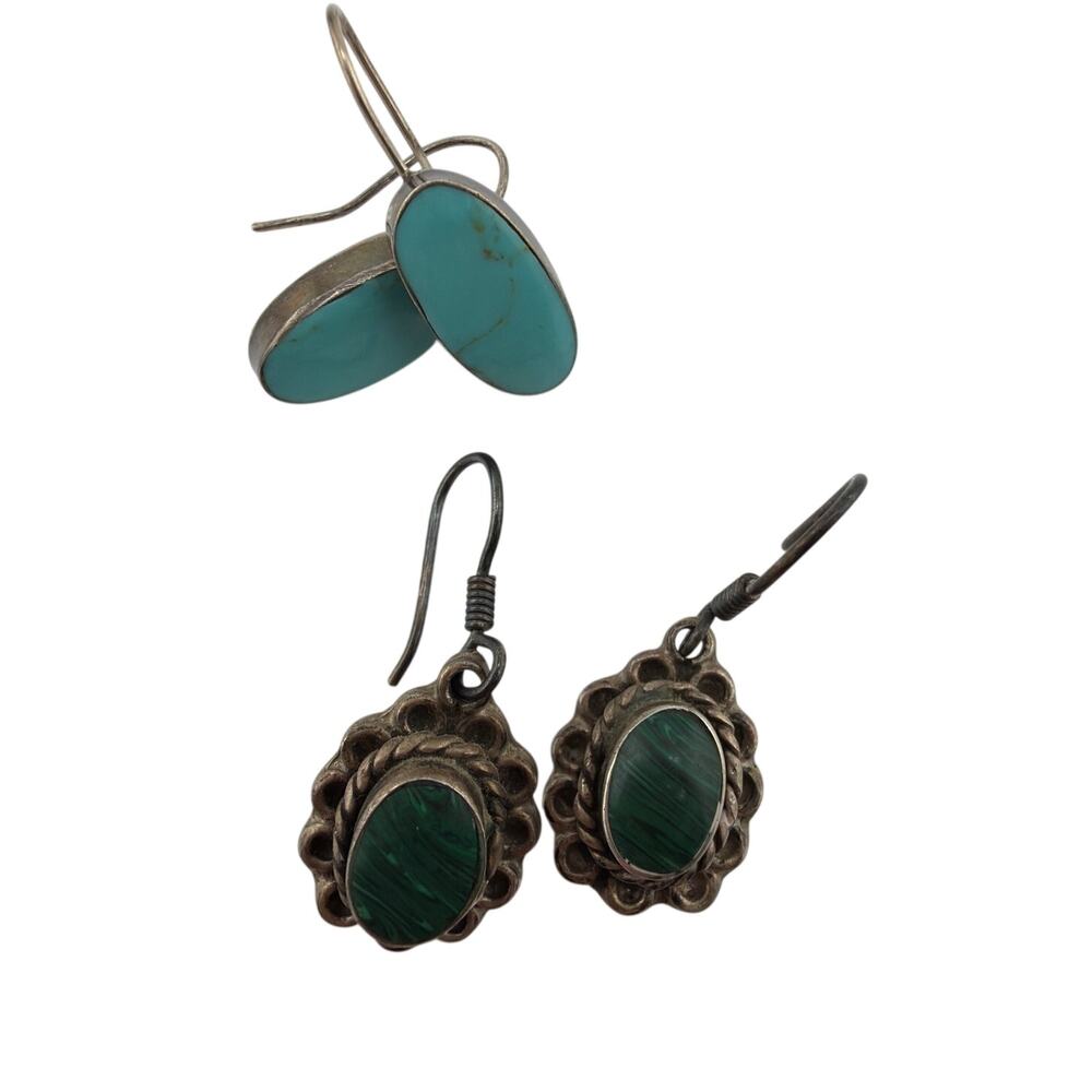 Vintage 2 PAIRS Oval Sterling Silve Drop Earrings Turquoise & Malachite